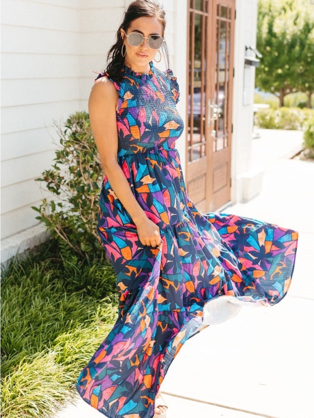 NWT PEACH LOVE FLORAL Pink Purple Orange SMOCKED SLEEVELESS MAXI DRES SZ S M L - Picture 2 of 4